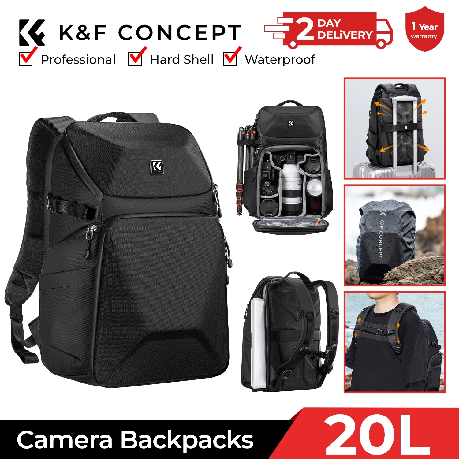 Photography Lighting Bag - K&F CONCEPT 20L カメラバックパック 防水フロントハードシェル /