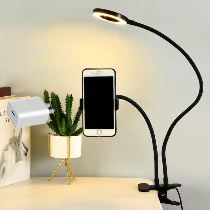 Quality Photography Lighting - 汎用性の高い、柔軟に調整可能なスマートフォンホルダー。自撮り用リングライト、オフィス用、怠惰な姿勢でも使えるスタンド、デスクランプ、ライブ配信用の補助照明として使えるLEDライト付き。