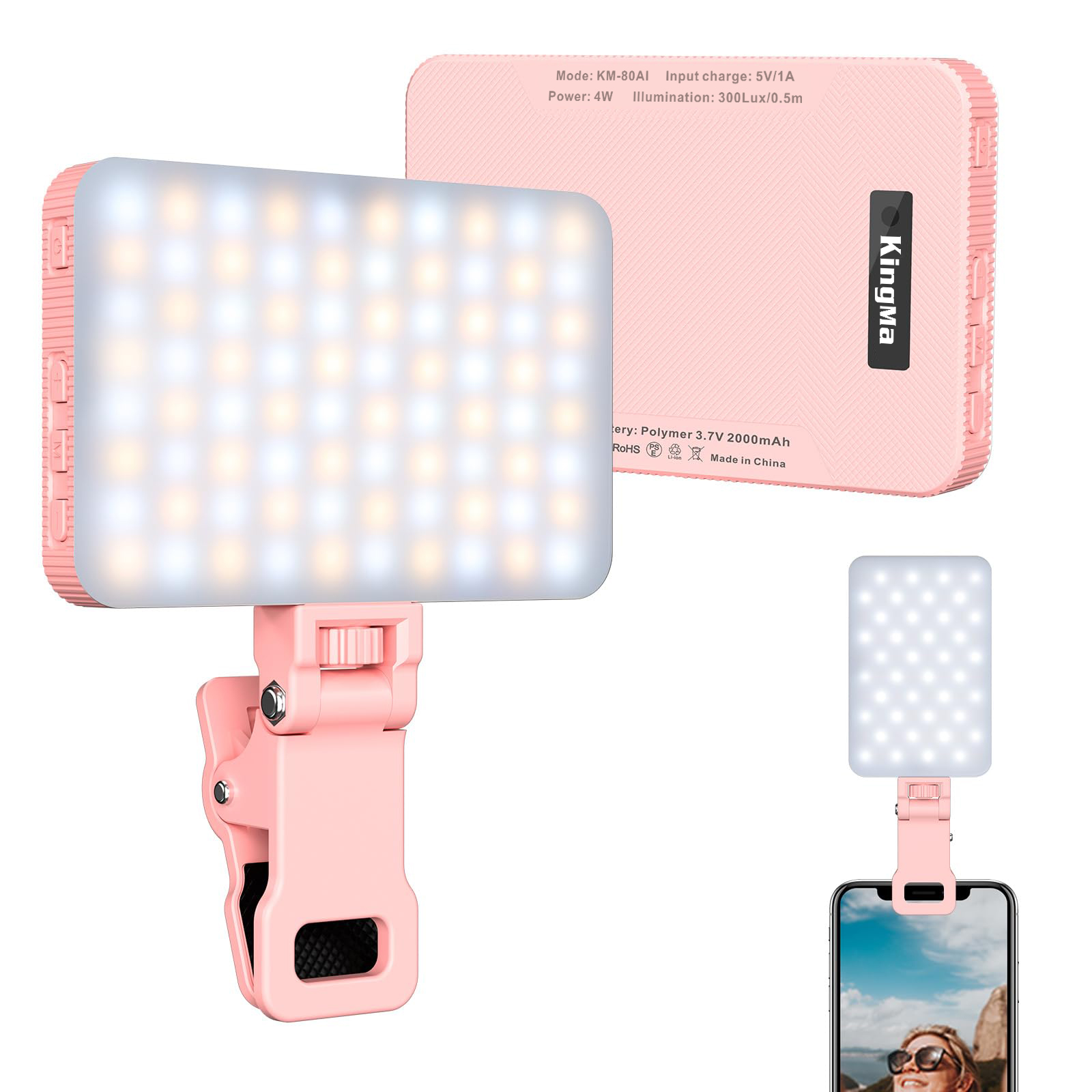 Photography Lighting Professional - キングマピンクの充電式セルフィーライト、ポータブルクリップ、電話、ラップトップ、メイクアップ、ビデオ会議、tik tok