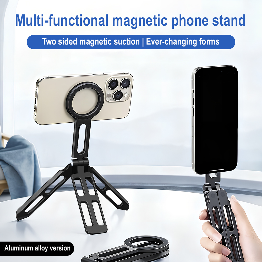 Photography Lighting Portable - マグネット式スマホホルダー 四軸360度回転 ° 回転折りたたみ式自撮り棒 アルミ合金製ポータブルポケット三脚スタンド Vlogライブ用